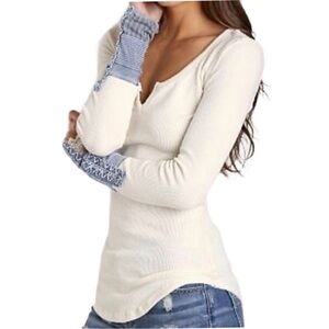 Free People We the Free Kyoto Cuff Thermal Ivory Waffle Knit Top Size Medium